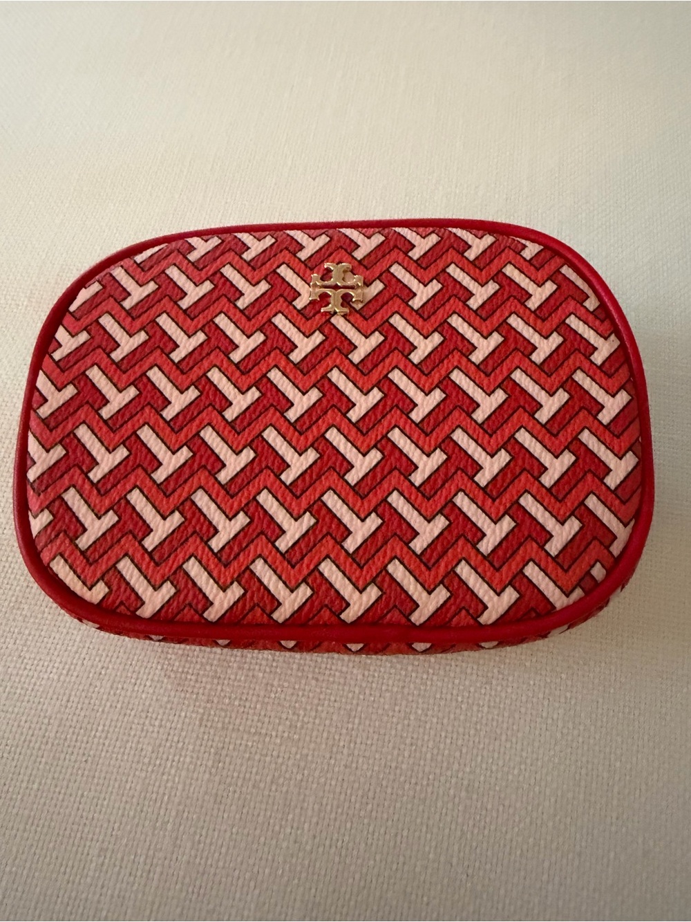 Tory Burch Red and Pink Geometric Cosmetic Case